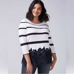 Lane Bryant Floral Appliqué Lace Hem 3/4 Sleeve Navy Stripe White Sweater 18/20